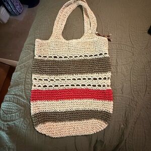 Crochet Boho Tote Bag | Striped Neutral Shoulder Bag